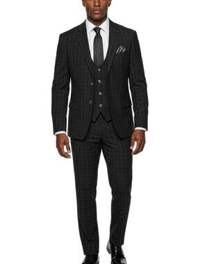 Dark Brown Windowpane Plaid Notch Lapel 3 Piece Men's Suit